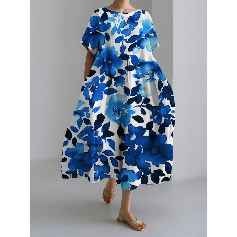 

Amazon Independent Station Fashion Style 3D Craft Export round Neck Sweet Women s Dress New Arrival Dress Watercolor blue Dress L