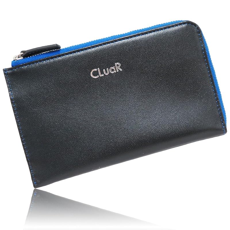 

[CLuaR] [Seal Al] goat leather long wallet L-shaped zipper Thin small short compact simple lightweight goat leather men s LR0057 (01.Black x Blue)