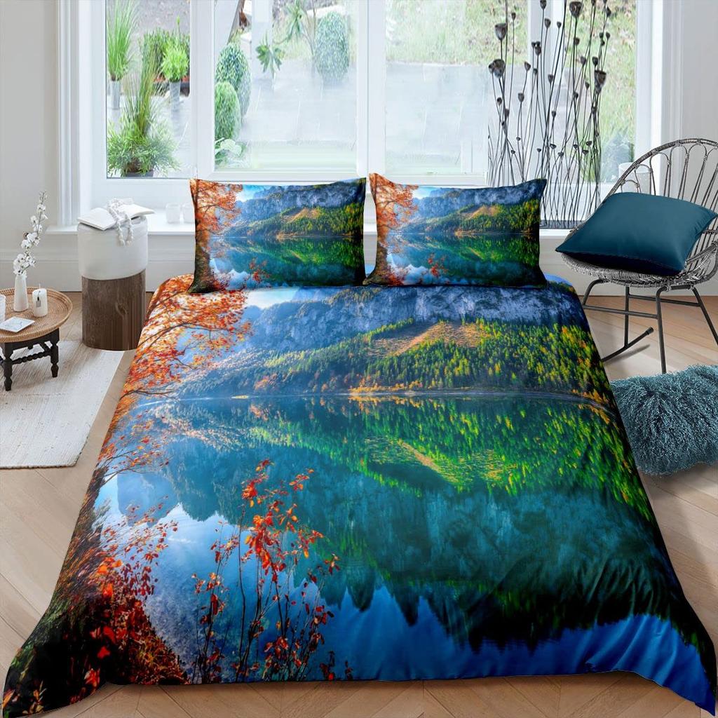 Nature River Bedding Set Starry Sky Duvet Cover Set Mountain River Forest Moon Printed Design Natural Landscape Comforter Cover