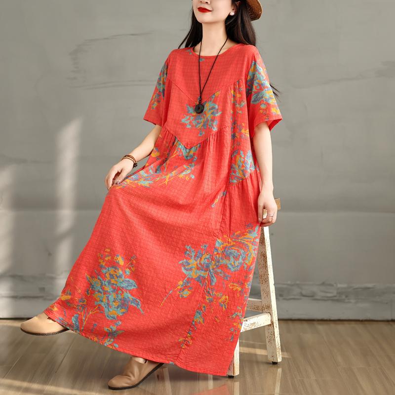 Dimanaf Vestido de Verano Talla Grande Mujer Casual Vintage Vestido Largo Estampado Floral Suelto Tipo Camisero Maxi