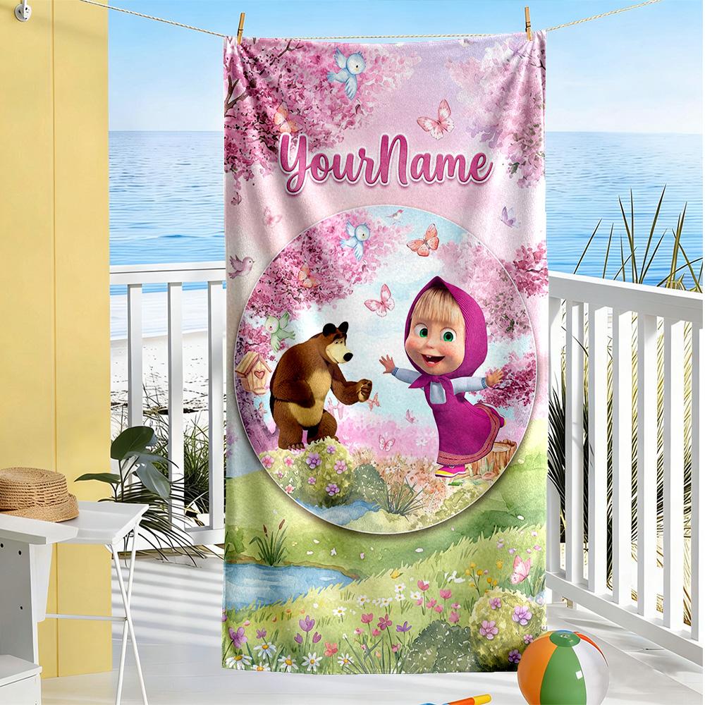 Masha Bear Customize Your Name Beach Towel Super Soft Microfiber Quickdry Fabric