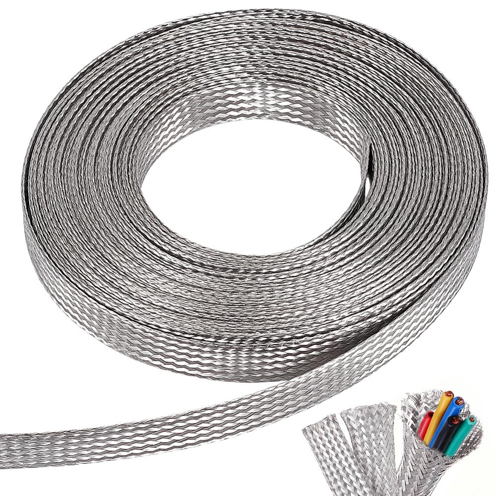 304 Edelstahl Flach verzinnt Geflochtenes Drahtgeflecht Flexibles Abschirmungs-Erdungsdrahtgeflecht Anlaufgeschützt Edelstahlfarbe 15x1mm ca. 32,81 Fuß(10m)/Rolle