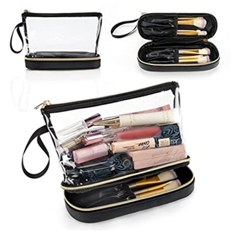 Double Layer Clear Waterproof Zipper Cosmetic Bag Travel for Bag Transparent PVC Accessories Pouch Organizer 22*9*16cm чёрный