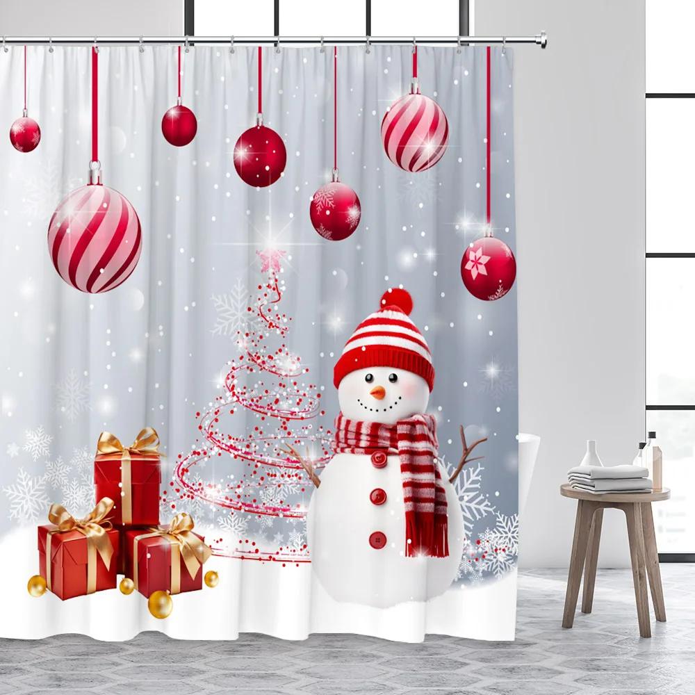 Cute Snowman Christmas Shower Curtains Blue Xmas Tree Rope Ball Gift Snowflake Winter Scenery Fabric Home Bathroom Curtain Dec