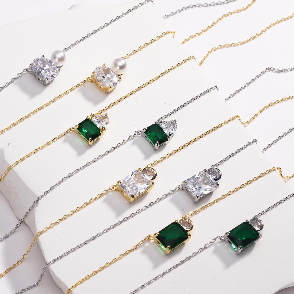 Women 18K Gold Plated Square Oval Heart Green Crystal Cubic Zirconia Dainty Choker Necklace New Fashion Gold Necklaces for Lady