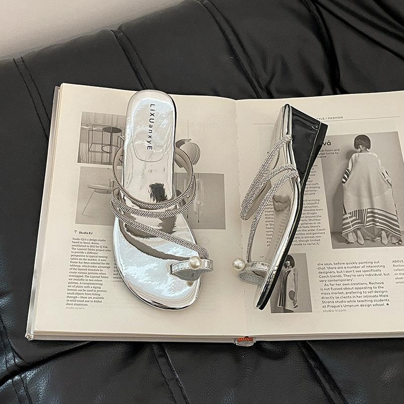 French wedge heel silver toe slippers summer pearl outer wear temperament beautiful rhinestone women's pinch sandals sandals