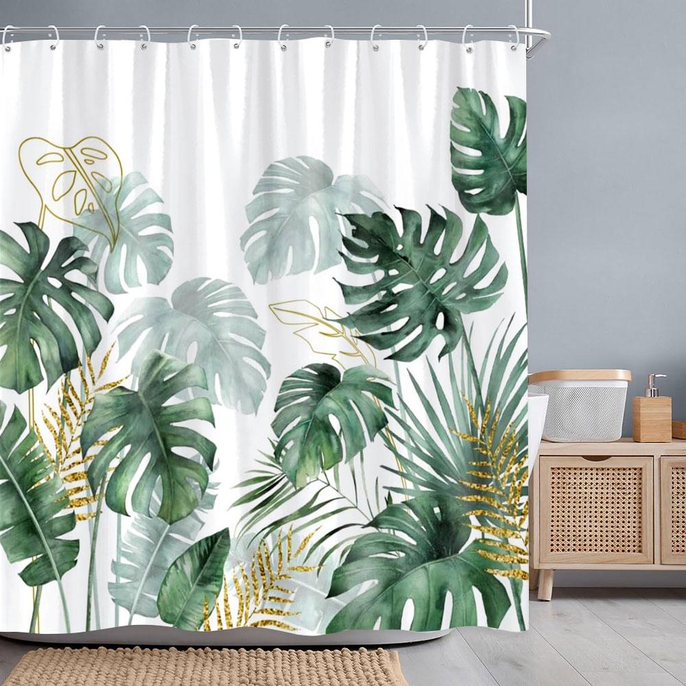 Tropical Botanical Flower Shower Curtain Beige Green Palm Leaf Flower Scandinavian Decor Bathroom Polyester Shower Curtains Set