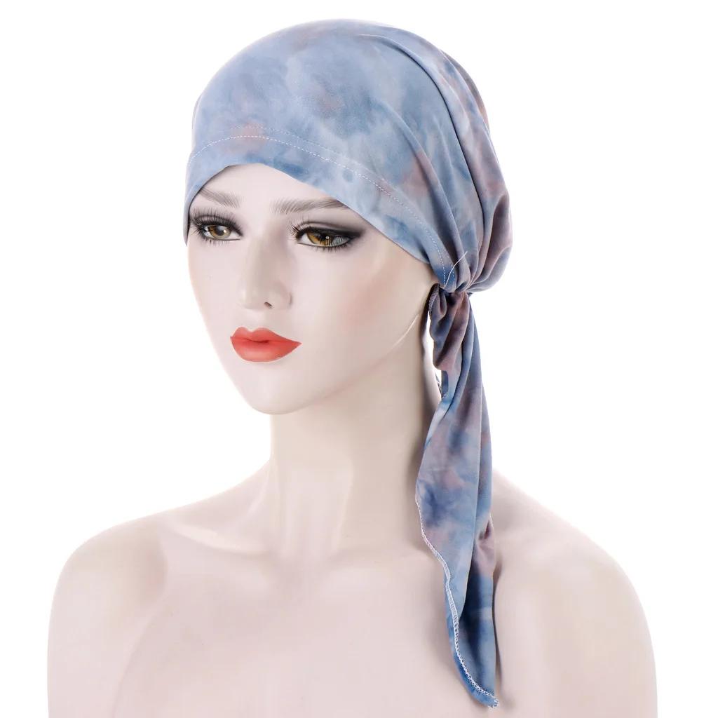 Women Printed Turban Cap Muslim Hijab Inner Caps Beanies Bonnet Long Tail Headscarf Strech Bandana Hat