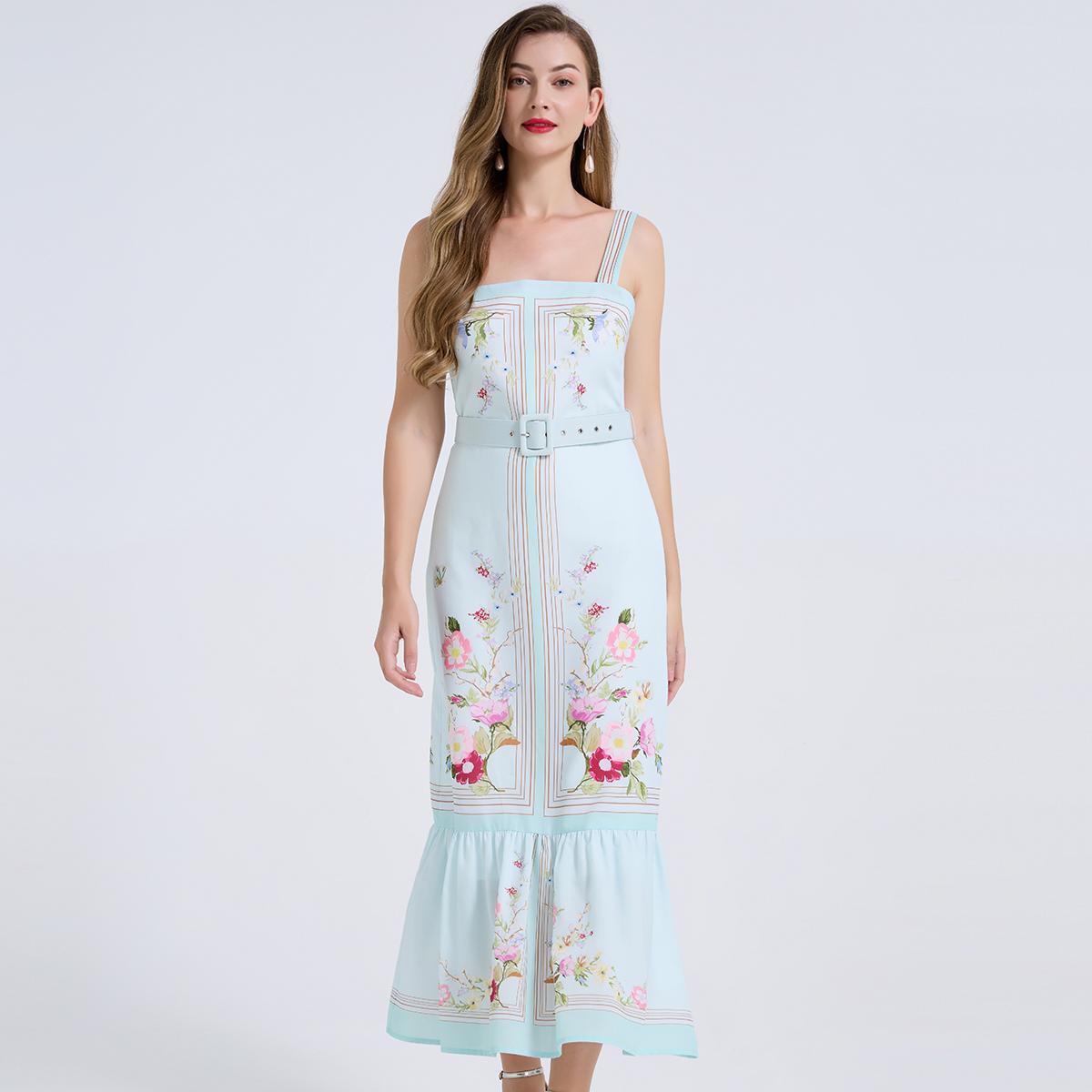 Elegant Vacation Summer Floral Print Long Dress Women s Square Collar Strapless Slim Bodycon Mermaid Dresses S мятный