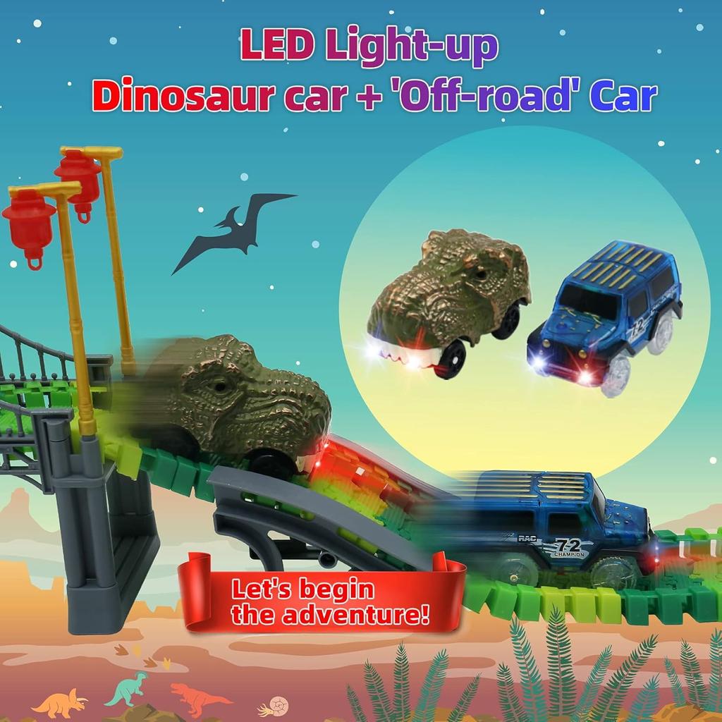 Dinosaur World Race Track Toys - 216pcs Flexible Track Playset with 1 Dinosaur Car, 1 Race Car, 6 Dino Toys, for Kids 3 4 5 6 Year & Up Old (Boys and
