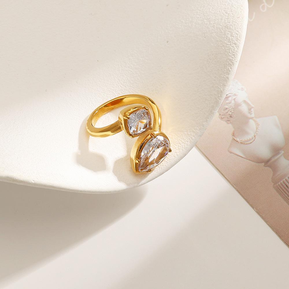 18K Gold Plated Stainless & Titanium Steel Zirconia Ring: Geometric, Waterproof, Adjustable & Irregular Shape for Women
