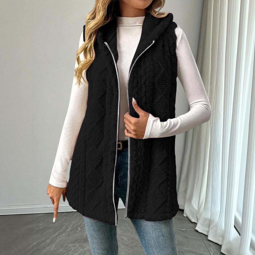 Women's Fashionable Solid Color Sleeveless Hooded Zipper Casual Plush Vest Jacket