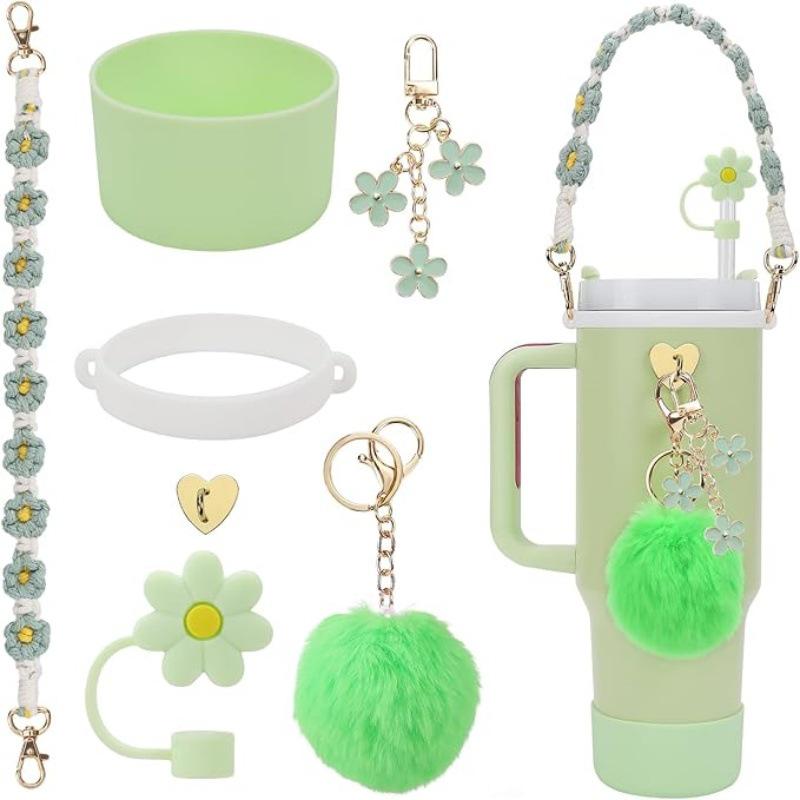 Straw Cap Silicone Insulated Cup Sleeve with Handheld Rope & Flower Pompon Pendant Set