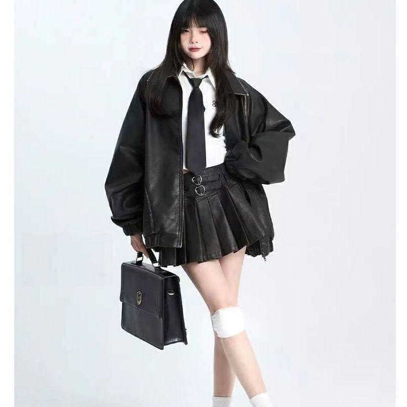 Women's A-Line High Waist Brown PU Leather Pleated Skirt - Autumn Slim Fit, Large Size