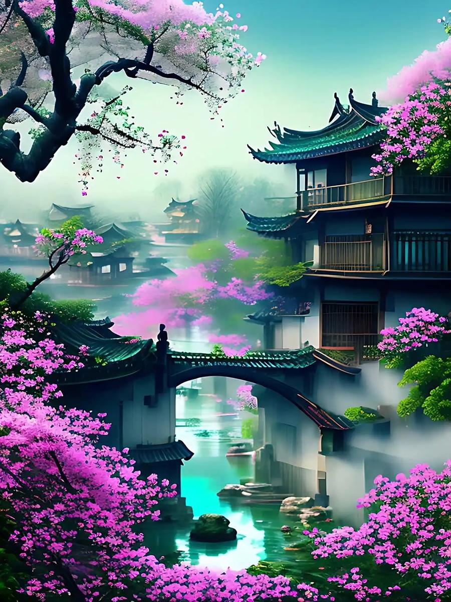 

5D Diy Алмазная вышивка Сакура Река Павильон Полный дрель Алмазная живопись Рукоделие Вышивка крестиком Домашний декор J3591 Full Round 20x30CM