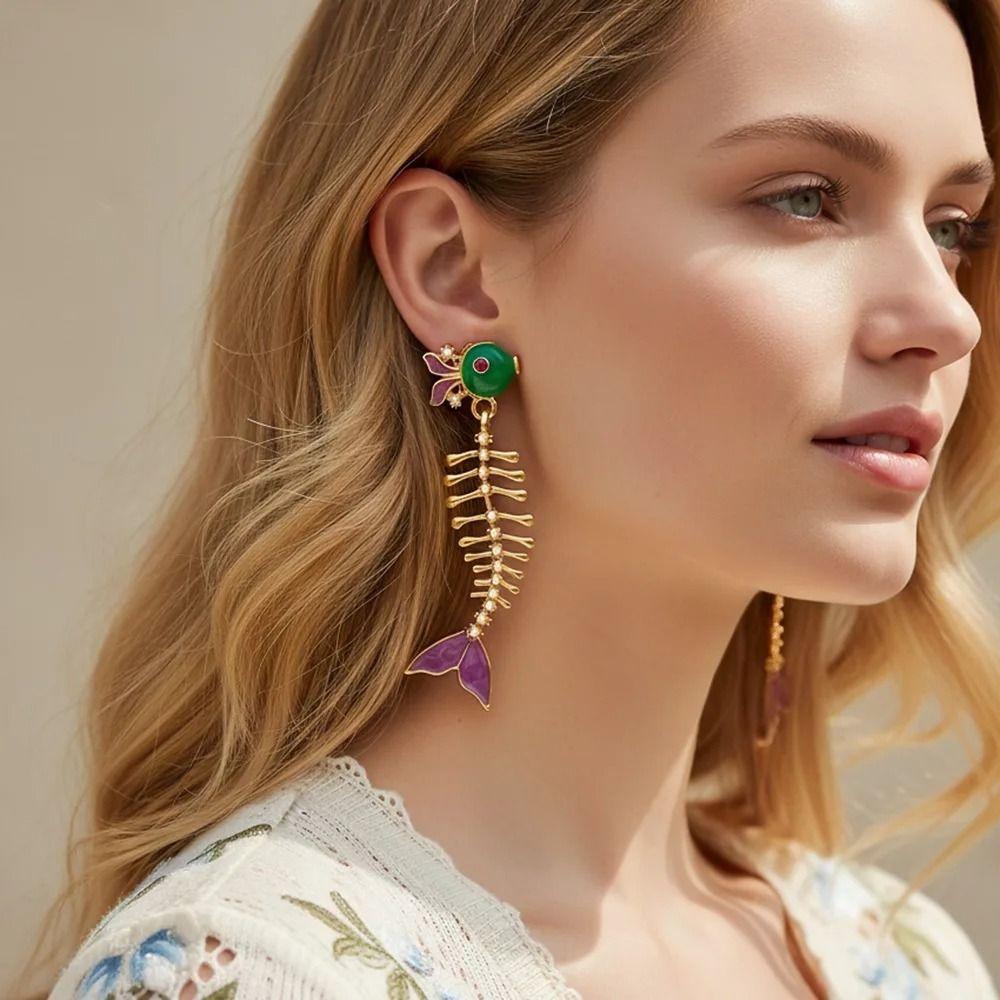 Creative Enamel Fishbone Dangle Earrings Fish Drip Glaze Metal Geometric Stud Earrings Retro Alloy Bohemian Dangle Earring