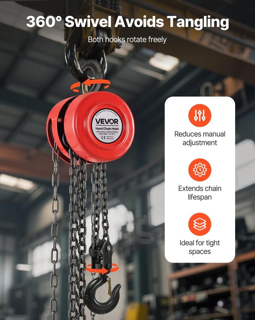 Hand Chain Hoist, 2 Ton Capacity, Manual Chain Block with Upgrade G70 Galvanized Chain, 3 m Lifting Height, Heavy Duty Pulley Hoist for Garage