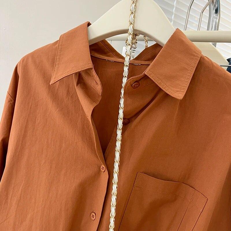 Abiti a maniche lunghe in tinta unita Blusa Mujer Camicetta in cotone primaverile e autunnale con tasche da donna Camicie casual allentate 29531