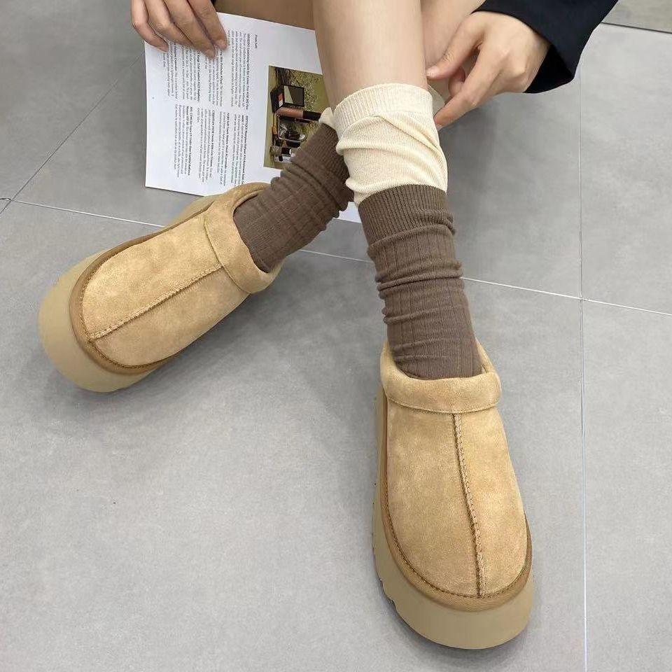 Evropská stanice 2025 podzim a zima nové matné kožené tašky hlava pantofle na silné podrážce všestranné svrchní oblečení teplé sněhové bavlněné boty ženy