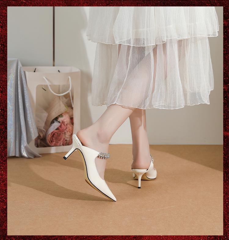 JC Fairy Rhinestone Patent Leather Stiletto Mules: Summer Pointed Toe, Closed Temperament Half-Slippers