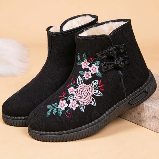 Embroidered High Boots: Warm, Non-Slip, Soft-Soled Cotton Shoes for Elderly - Ethnic Style, Perfect for Winter(Order A Size Up)