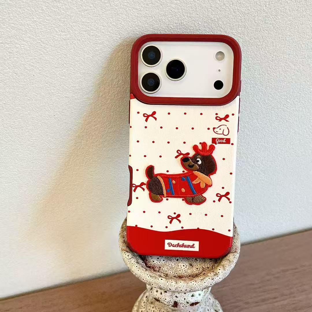 

Red Polka Dot Embroidered Dog iPhone 16 Pro/15 Case with Cute Pendant Lanyard - New Year Edition 17