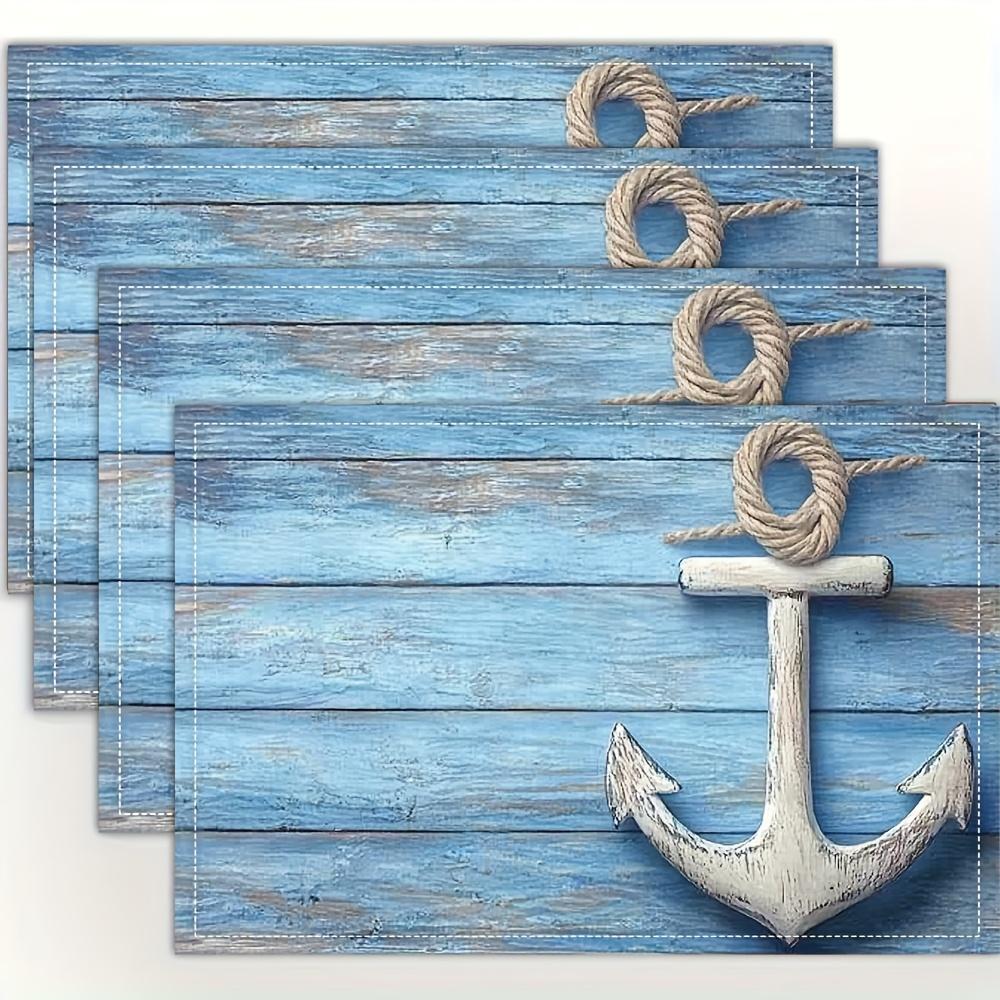 4pcs Nautical Placemats Blue Ocean Waves Sailboat Lighthouse Print Washable Polyester Table Mats for Beach Wedding Kitchen Decor 4PCS