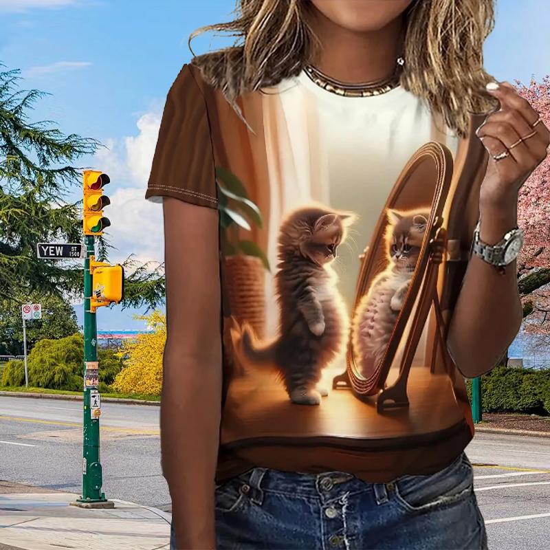 

Модная женская футболка с принтом стрекозы и кошки, забавная повседневная футболка с круглым вырезом и короткими рукавами, летняя женская футболка 8XL коричневый