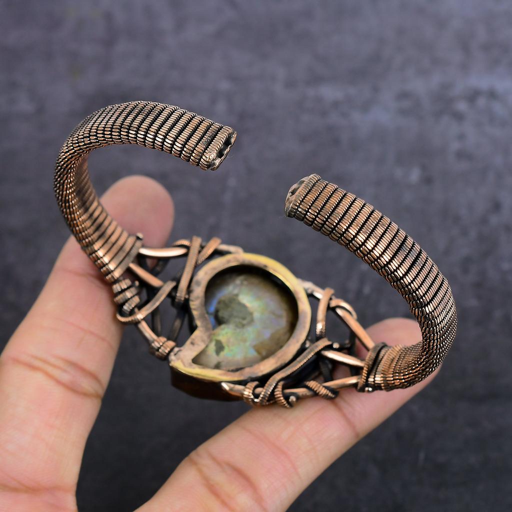 Natural Ammonite Fossil Gemstone Copper Wire Wrap Cuff Bangle Adjustable N9E39