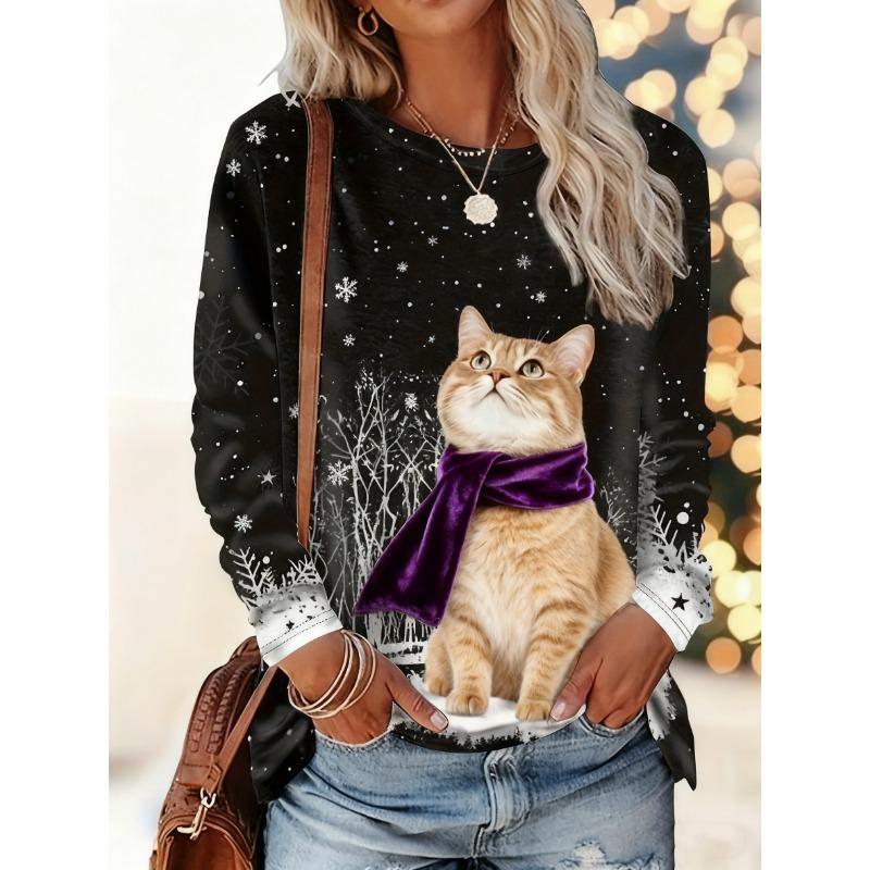 Christmas-themed women's snowflake and kitten print round neck long-sleeved T-shirt, festive black and white casual loose top
