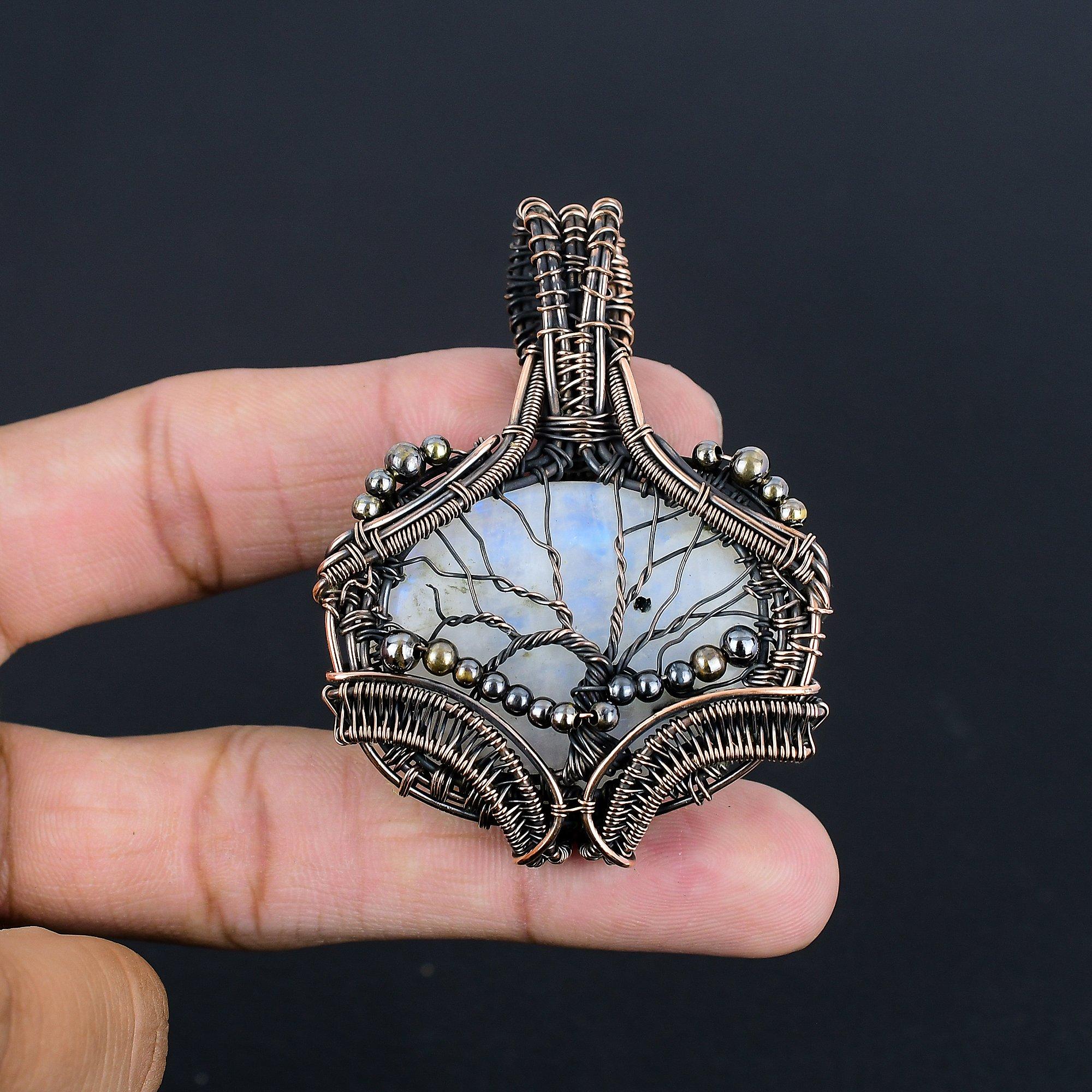 

Подвеска из радужного лунного камня, ювелирное изделие из драгоценного камня, подвеска, обернутая медной проволокой 999 пробы, красивая подвеска ручной работы 2.55 Inches