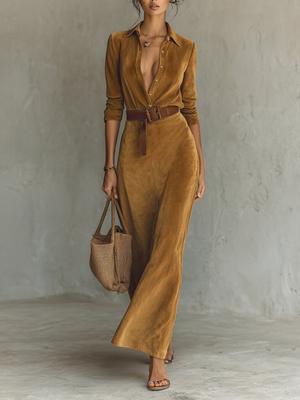 Women's Autumn Long Sleeve High Waist Ruched Dress with Belt