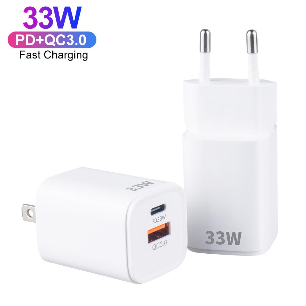 Carregador Rápido PD 33W QC3.0 Porta Dupla Carregador de Parede USB Tipo C Plugue US EU Carregador de Celular