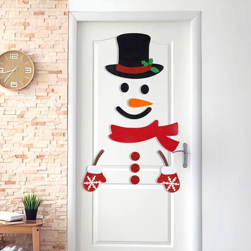 Christmas Door Window Stickers Felt Cloth Cartoon Snowman Santa Claus Elk Wall Sticker for Winter Xmas Noel Happy New Year Decor