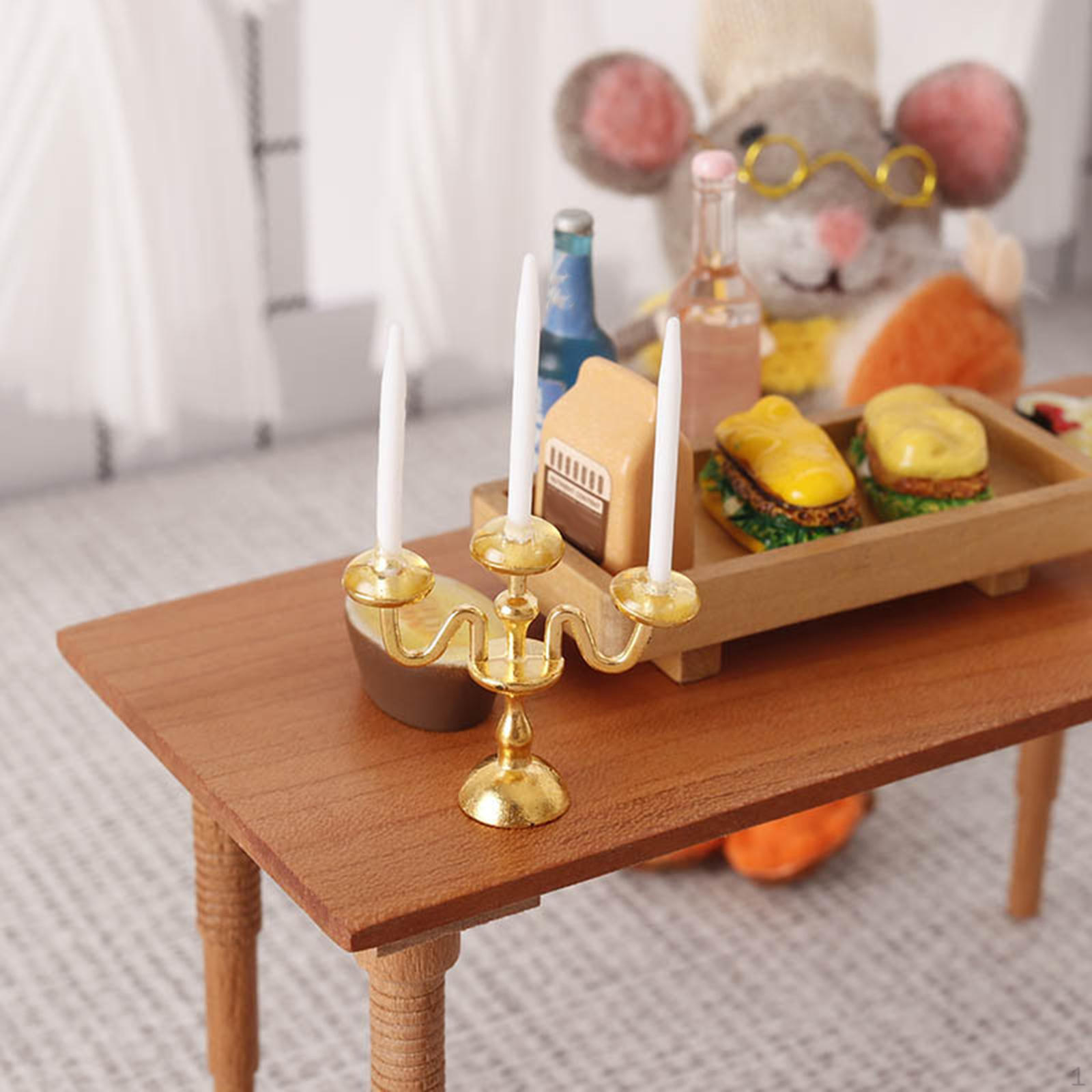 

1/12 Dollhouse Candle Holder Candelabra Ornament for Kids Children Cute Doll House Candlestick Model Gold and White