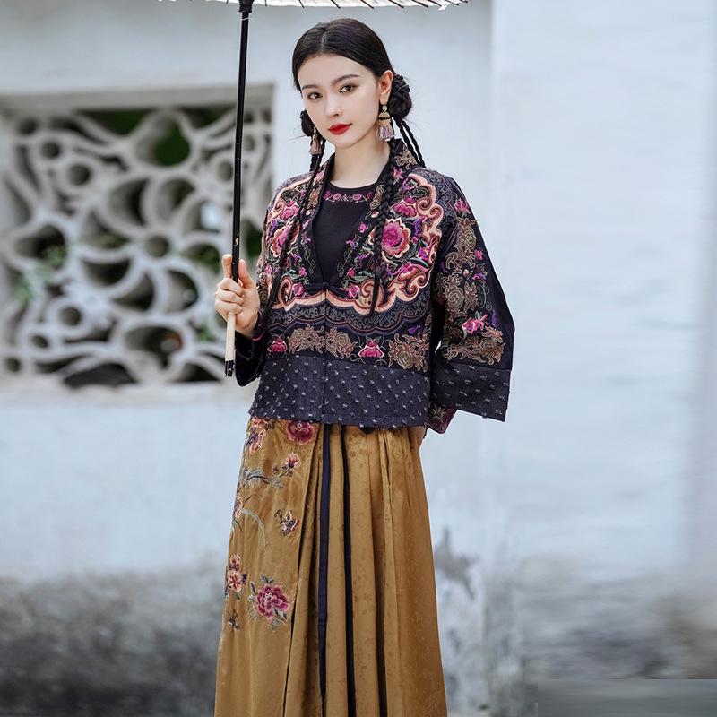 

Женская вышитая куртка с V-образным вырезом и кардиган в этническом стиле на осень/зиму L чёрный