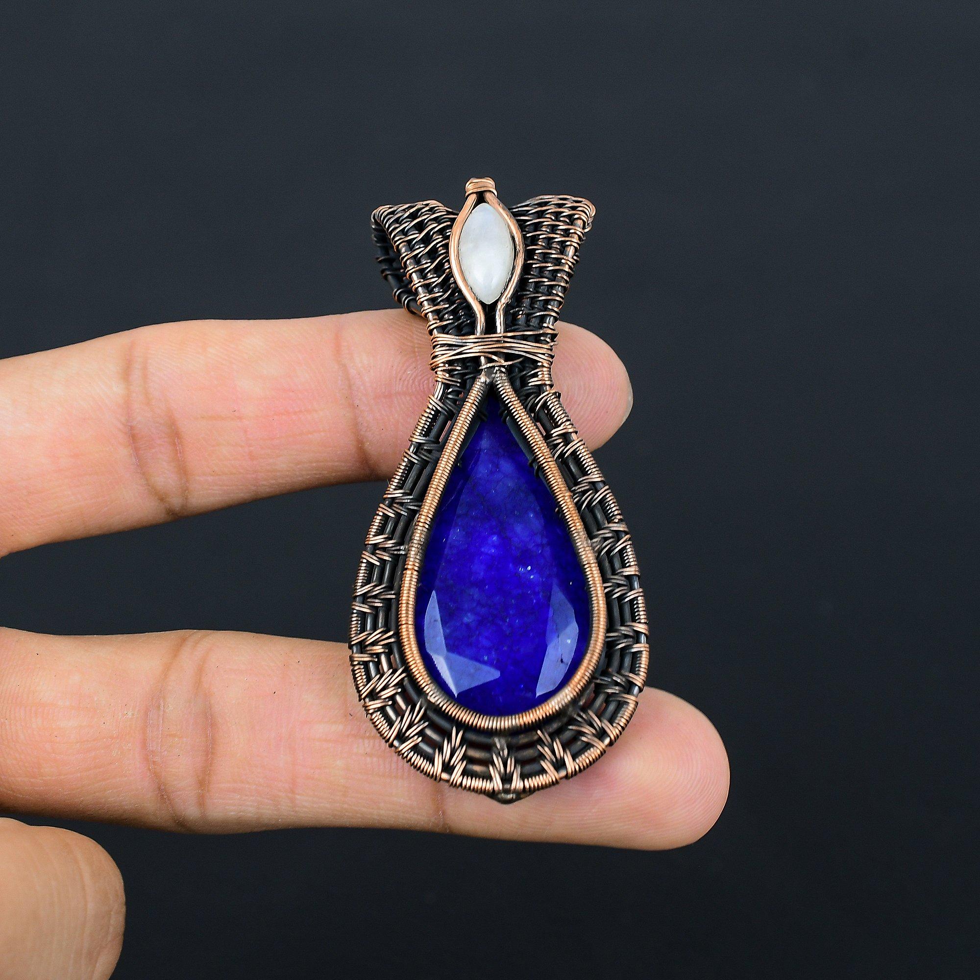 

Кулон с синим сапфиром, Кулон с драгоценным камнем ручной работы, Кулон, обернутый медной проволокой 999 пробы, Антикварное украшение, Для подарка на помолвку 2.55 Inches