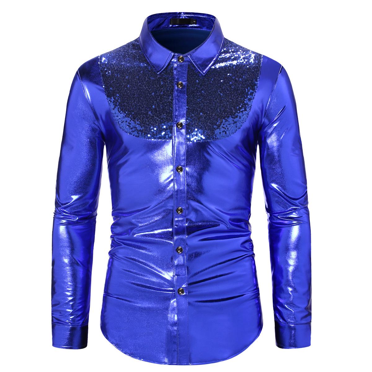 

Men s Autumn Color Block Sequin Disco Long Sleeve Shirt A45 XL