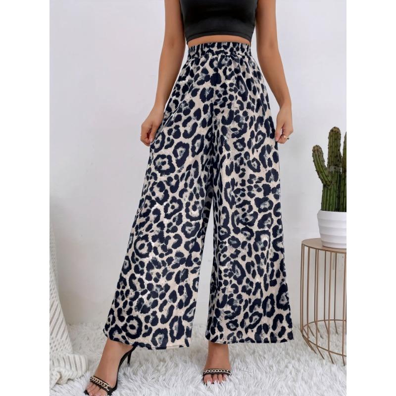 

Весенняя женская мода Классический леопардовый принт Эластичная талия Драпировка Свободный повседневный стиль Широкие брюки XXL серый