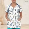 Women Plus Size White Floral Printed V Neck Short Sleeve Nurse Scrub Top With Front Pockets