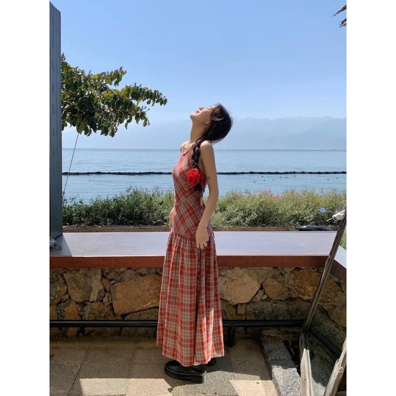 Red Plaid Neck Suspender Dress Women's Summer Temperament Backless Strap Waist Thin Seaside Vacation Dress