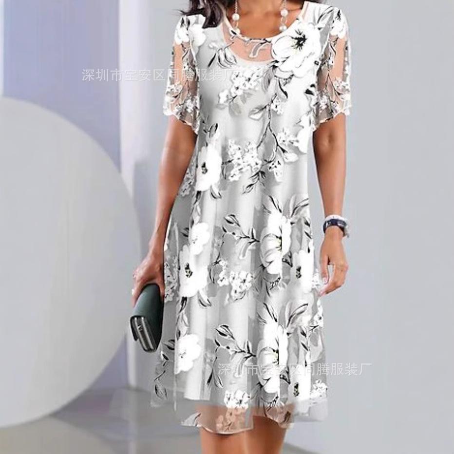 Spring And Summer Women'S Clothing New Independent Station Fashion V-Neck Chiffon Five-Quarter Sleeve Women'S Dress