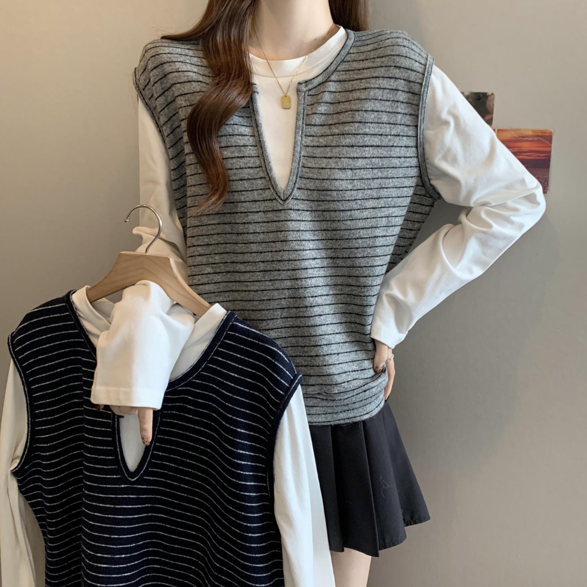 

Women s Plus Size Two-Piece Effect Striped Long Sleeve T-Shirt – Age-Reducing, Versatile Design for Spring and Autumn L серый
