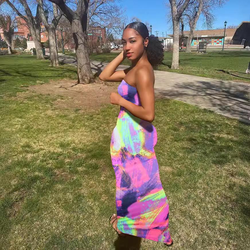 Women Tie Dye Stripe Strapless Bodycon Mermaid Maxi Dress