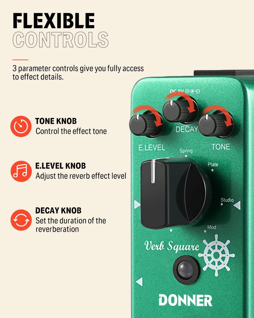 Donner Verb Square Reverb Effector with 7 Modulation Modes
