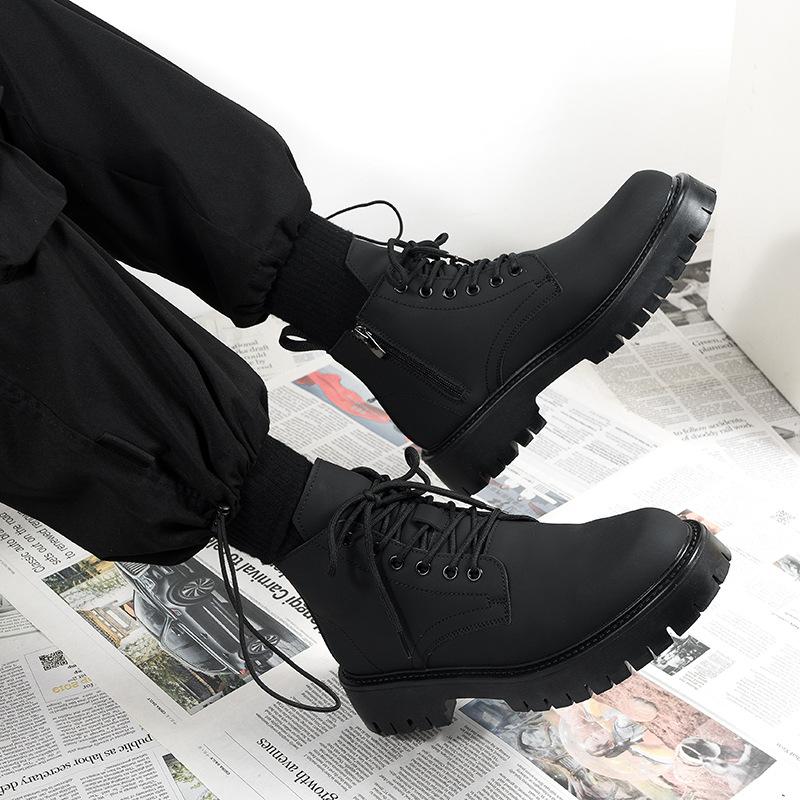Martin Boots Men's Black High-top Leather Shoes 2 New Medium-top Locomotive Boots Boys Heightening Leather Boots