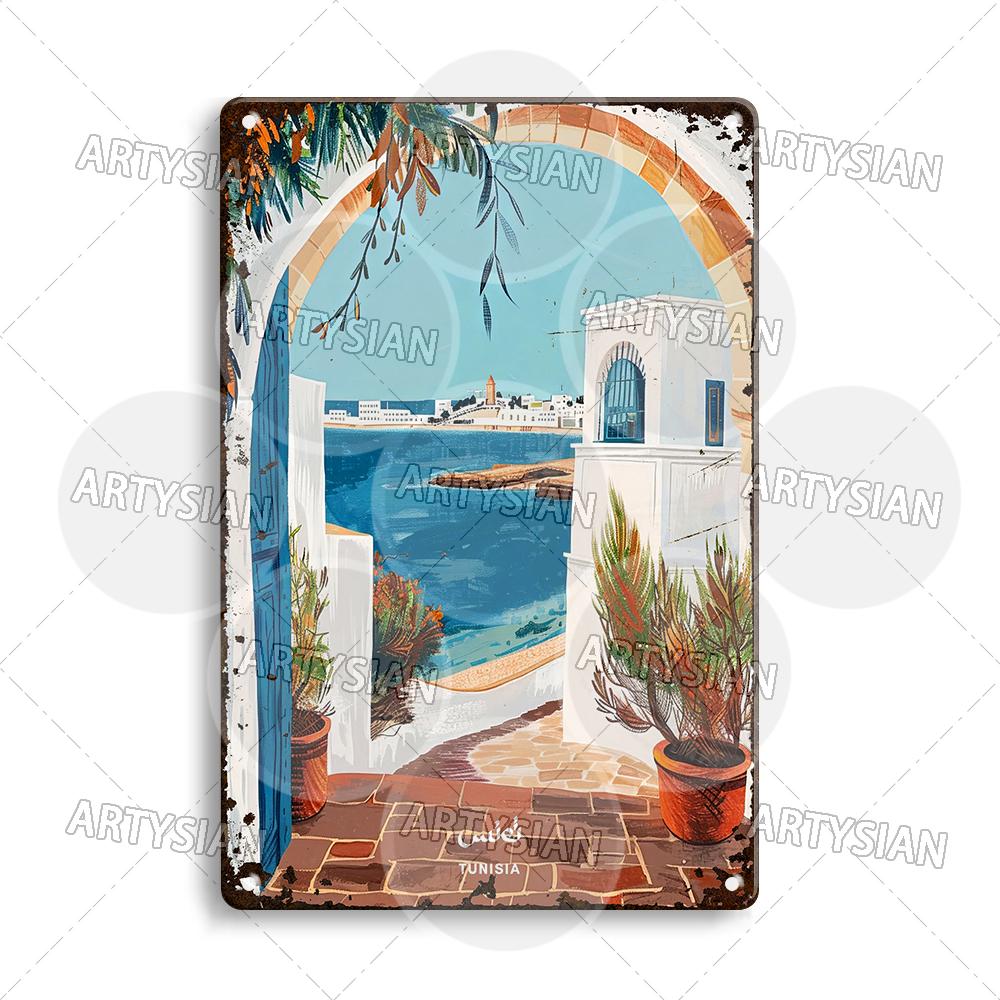 Maghreb Travel Cityscape Metal Sign Alger Algeria Djerba Tunisia Chefchaouen Morocco Marrakesh Zarzis Oran Tiaret Kabylie