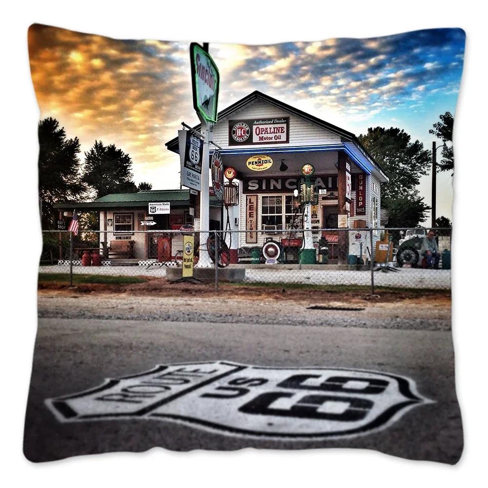 Poszewka na poduszkę w stylu retro Route 66 Dekoracja domu Poliestrowa poszewka na poduszkę na sofę Samochód Poszewka na poduszkę do rzucania Naturalny krajobraz Funda Cojin