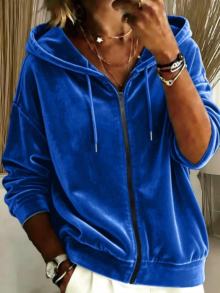 New European and American Casual Solid Color Velvet Drawstring Hooded Zipper Long-sleeved Women's Sweater