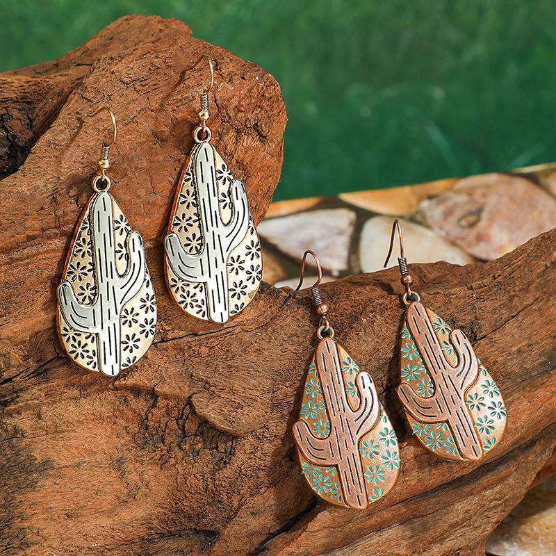 Fashion Ethnic Boho Vintage Drop Dangle Earrings For Women Carved Metal Geometric Flower Cactus Antique Bohemian Daily Zircon